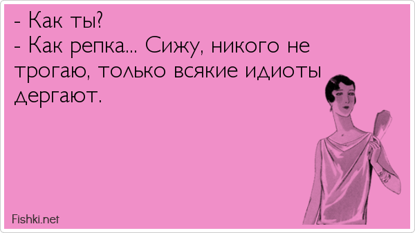 - Как ты? - Как репка... Сижу, никого не трогаю, только всякие идиоты дергают.