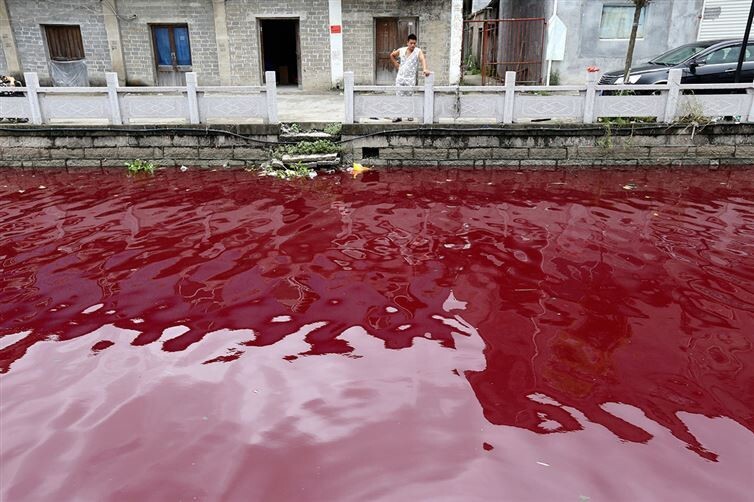 19. "Река крови" в Китае, на самом деле состоящая просто из очень сильно загрязнённой воды