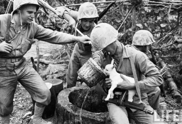  9. Группа морских пехотинцев делает привал во время битвы за Окинаву, чтобы дать козленку попить.