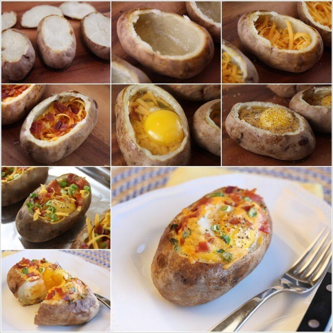 Запеченный картофель с яйцом, сыром и овощами.