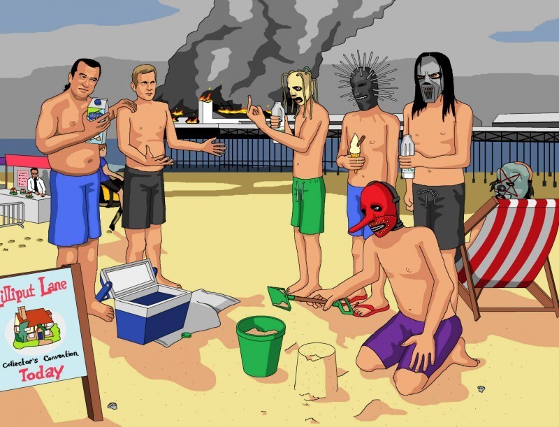 15. Пожалуйста, нарисуй мне Стивена Сигала, Джереми Кайла и Slipknot на типичном пляжном отдыхе в Уэстон-сьюпер-Мэр. 