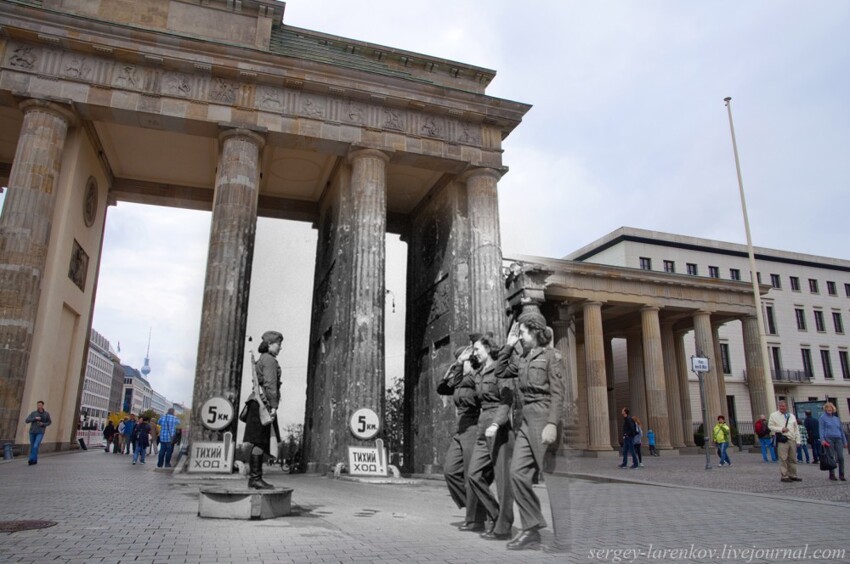 2. Берлин 1945-2014. Советская регулировщица и американские девушки-военнослужащие у Бранденбургских ворот.