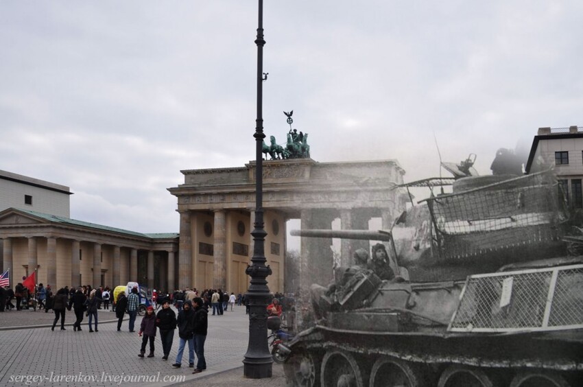 33. Берлин 1945-2010 Танк Т-34-85 с противокумулятивными экранами на Паризер платц.