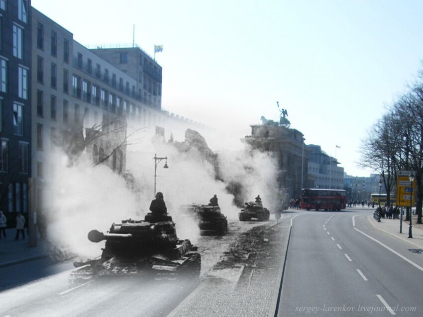 15. Берлин 1945-2010. Танки ИС-2 движутся от Бранденбургских ворот к Рейхстагу.