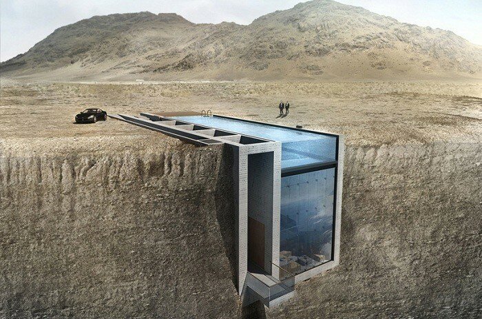 Смелый концепт дома в скале с бассейном на крыше