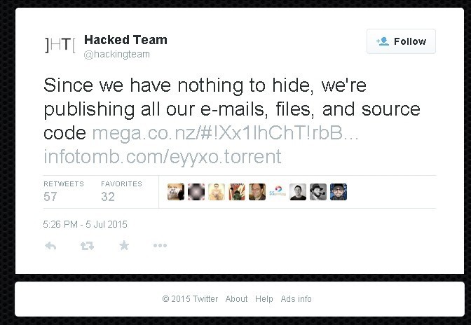 На выходных неизвестные хакеры взломали сервера Hacking Team и выложили торрент с 400 гбайт похищенной информации. Также был взломан официальный Twitter компании, на котором появилось следующее сообщение:  Поскольку скрывать нам нечего, мы публикуем 
