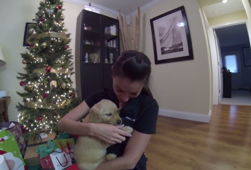 Парень подарил своей девушке на Рождество щенка. Её счастью не было предела!