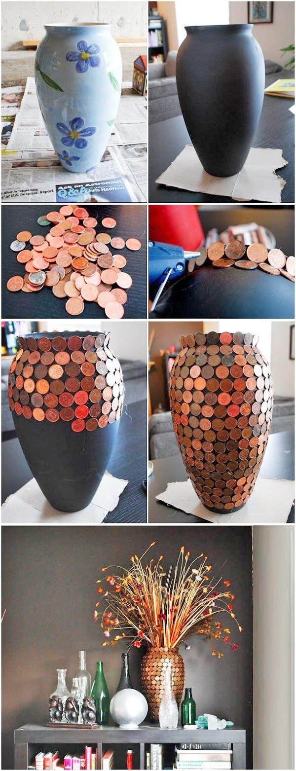 Обычные вазы можно превратить в привлекающие внимание, интересные вещи. Обклеить их монетами — проще простого, а эффект!