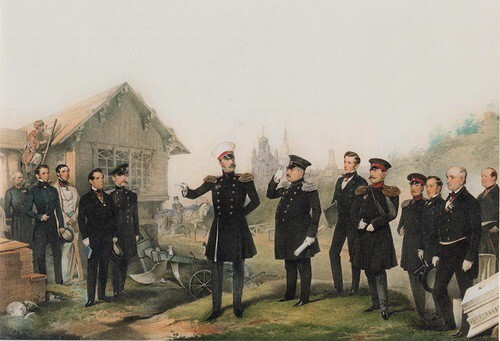 М. Зичи. Николай I на Бабигоне. 1853 г. (второй справа от императора - А. И. Штакеншнейдер)