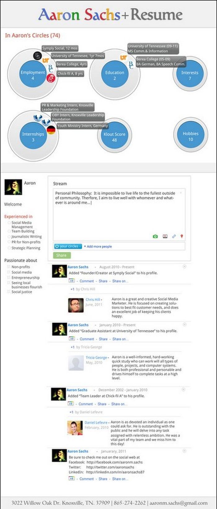 8. Аарон Сакс создал резюме, на которое его вдохновил Google+.