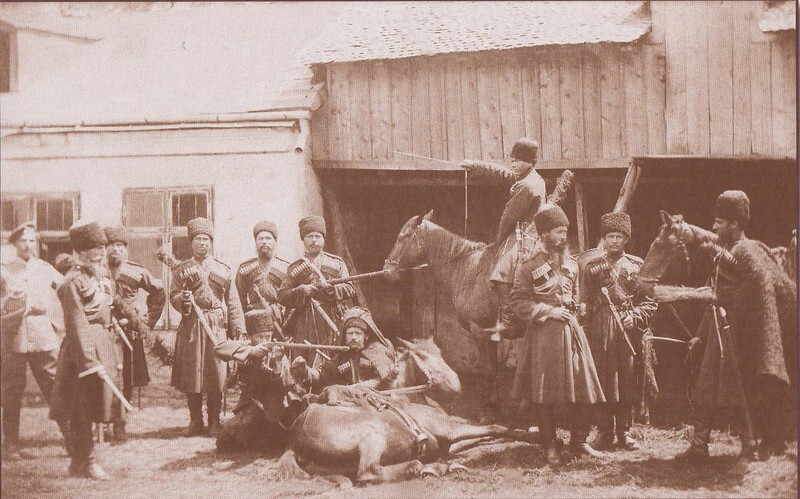 Ф. Душек. Кавказские казаки из императорского конвоя перед резиденцией в селе Пордим, ноябрь 1877: