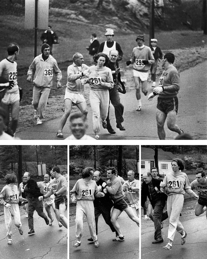 6. Катрин Швитцер - первая женщина, пробежавшая Бостонский марафон (1967). Представитель организаторов марафона Джок Семпл пытался силой увести её с трассы