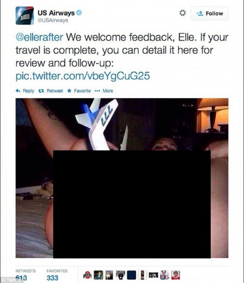 1. Компания US Airways, случайно запостившая в твиттер фотографию женщины с самолётом в вагине