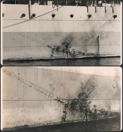 2. Борт тяжелого крейсера HMS Sussex с отпечатком, оставшимся после попадания японского камикадзе на Ki-51