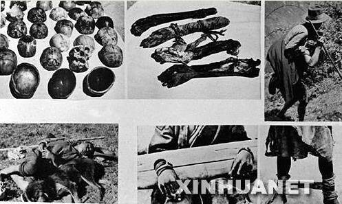 Верхний ряд слева направо: Поделки тибетских лам из черепов казненных рабов — Обереги из отрубленных рук (их следовало носить у пояса) — Раб тащит на спине другого раба, которому отрубили ноги за ослушание хозяина.