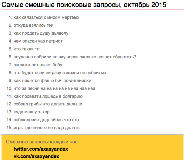 Смешные запросы к Яндексу и Гуглу, октябрь 2015