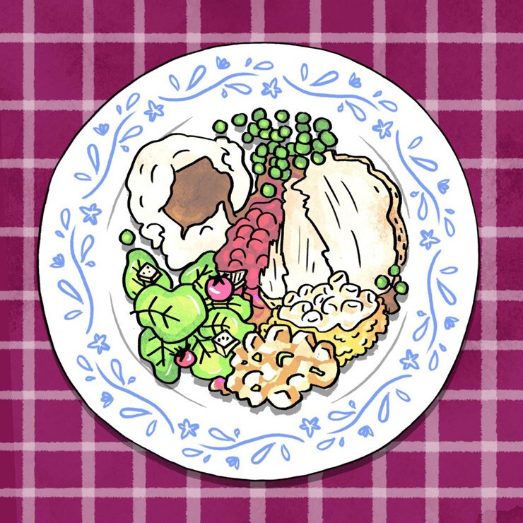2. Ты кладешь еду в тарелку без четких границ между котлетой, гарниром и салатом и позволяешь соусам наползать друг на друга.