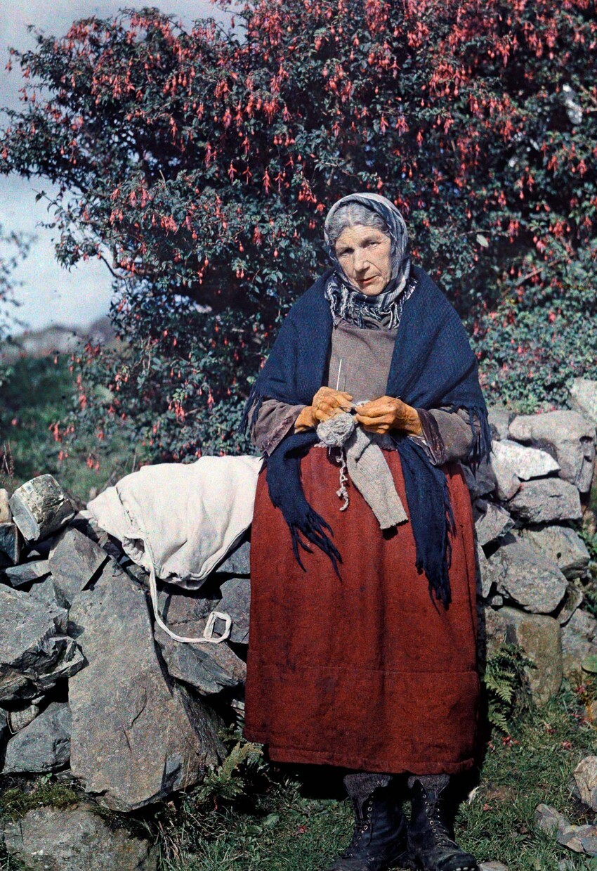 Женщина вяжет шерстяную одежду под фуксиевым деревом.