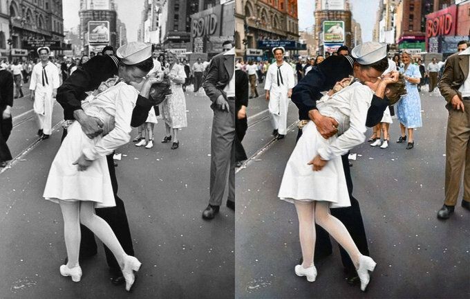 Поцелуй матроса и медсестры в честь окончания Японской войны (Тайм Сквер, Нью-Йорк, 1945) - автор Альфред Эйзенштедт