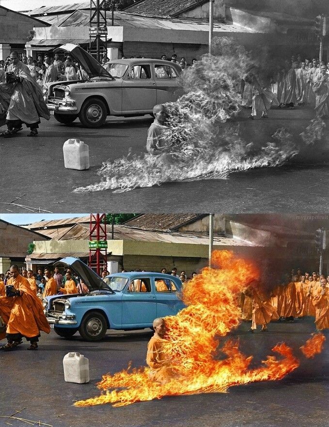 Буддистский монах Куань Дук сжигает себя на улице Сайгона в знак протеста против гонения буддистов южновьетнамским правительством, 1963 г