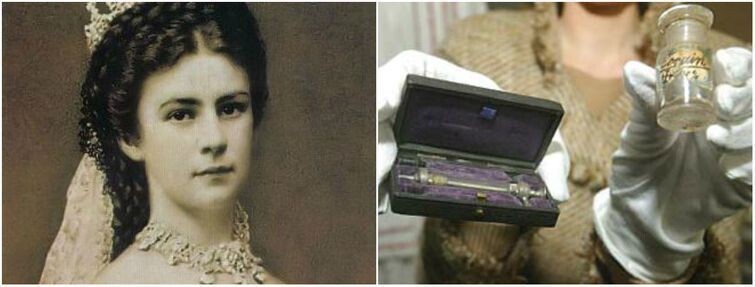 Австрийская императрица Елизавета I ("принцесса Сисси") и ее личный шприц для кокаина. Под конец жизни Елизавета страдала от депрессии, а потому, как и многие аристократы, принимала кокаин "от хандры" и постоянно носила с собой шприц.