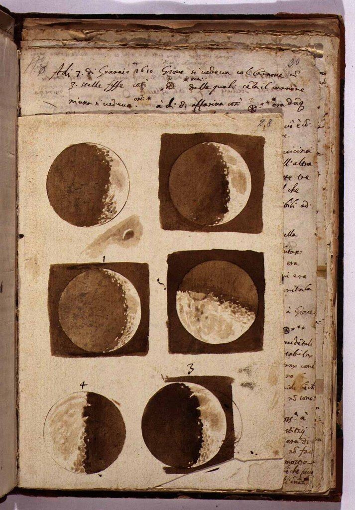 Зарисовки луны, сделанные Галилеем. Национальная центральная библиотека, Флоренция, 1609 г