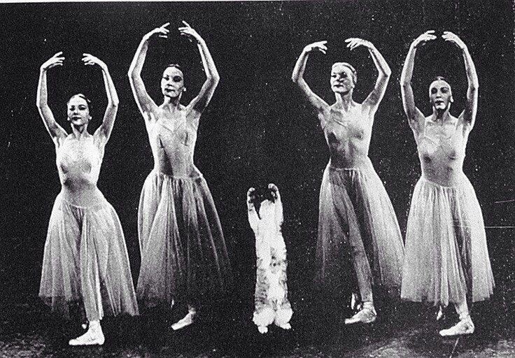 Кошка Джорджа Баланчина Мурка вместе с танцовщицами участвует в репетиции балета "Серенада", 1970-e 