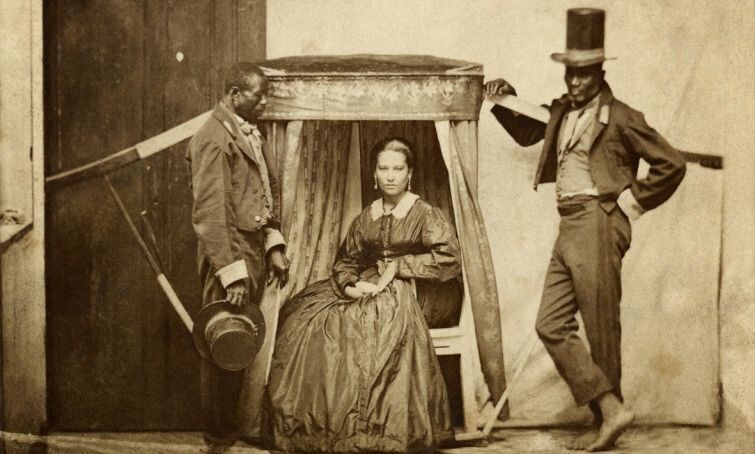 Женщина на носилках с двумя рабами. Бразилия, 1860 год.