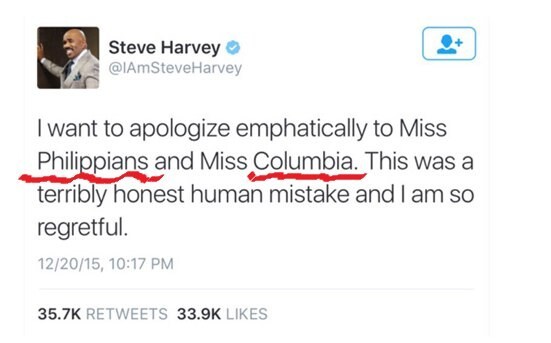 Сразу после этого инцидента он ещё несколько раз извинился в своем Твиттере перед участницами конкурса и перед зрителями, но опечатался в названиях обеих стран
