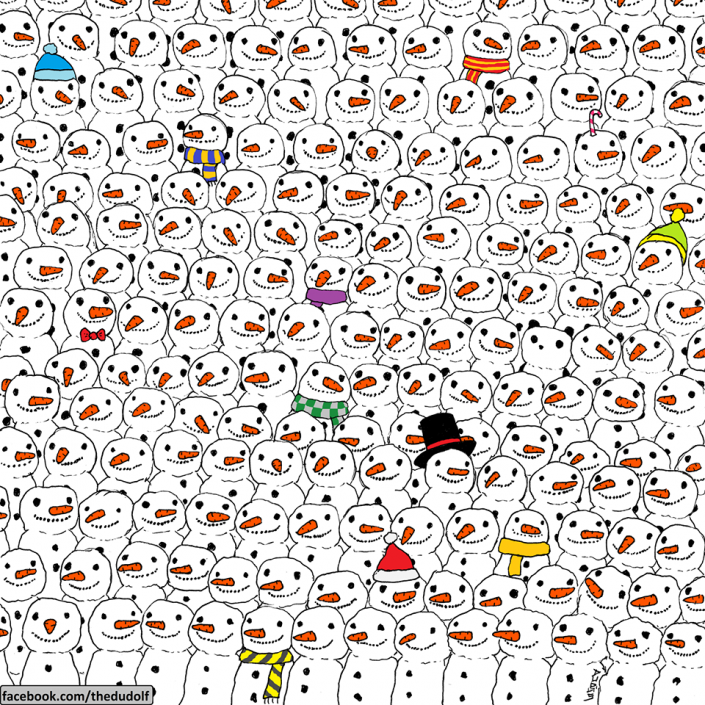 Попробуйте найти панду, спрятавшуюся среди снеговиков 