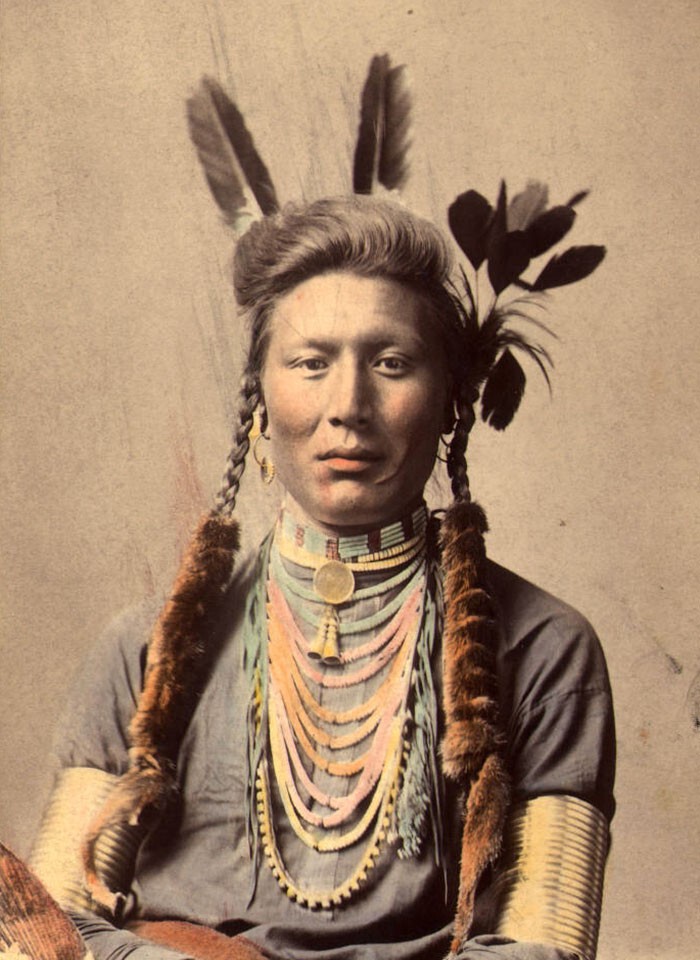 Старый Койот (или Жёлтый пёс). Племя кроу, 1879 г. (фотография раскрашена примерно в 1910 г.)