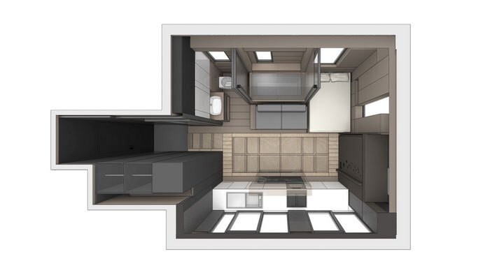 Как уместить полноценную кухню, ванную, домашний кинотеатр и спальню для гостей на 28 кв. метрах