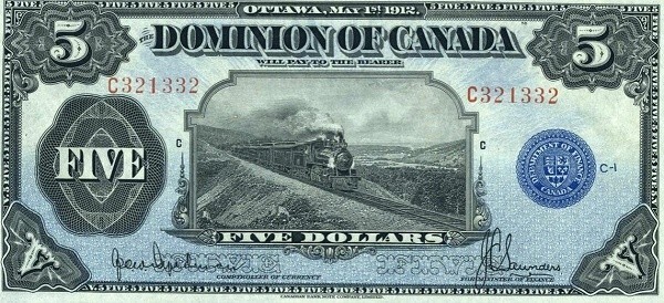 1912 - Впервые напечатана купюра в 5 канадских долларов.