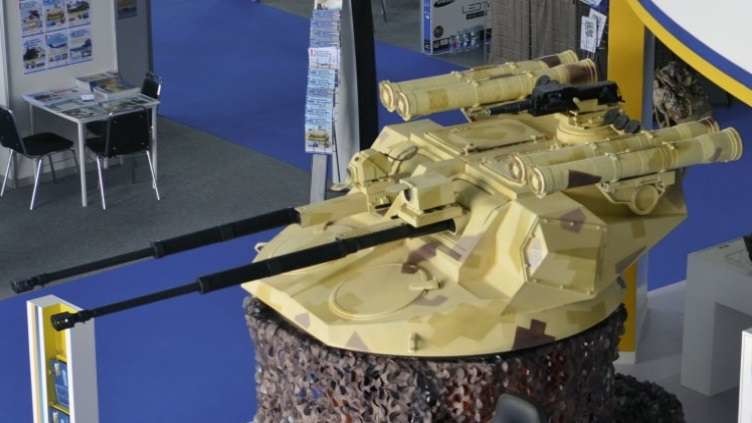 Макет нового украинского боевого модуля "Дуплет" для установки на бронированные машины, оснащенного двумя 30-мм автоматическими пушками 3ТМ2, в экспозиции выставки-конференции SOFEX 2016, Амман (Иордания), май 2016 года