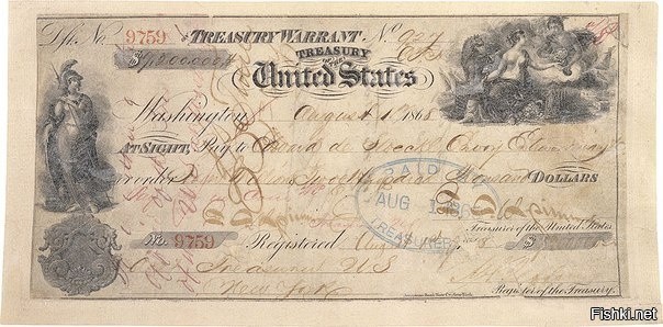 Чек на $7 200 000, которым была оплачена покупка Аляски, 1867 год