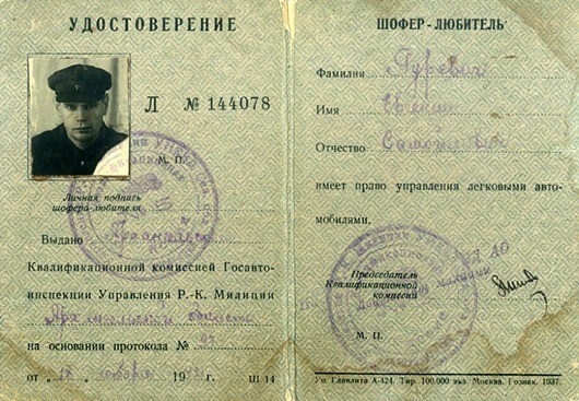 Водительское удостоверение 1937 года