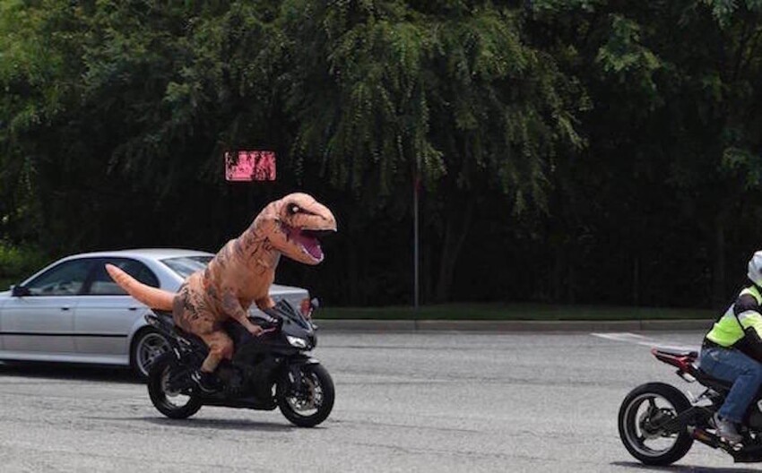 Динозавр на мотоцикле 