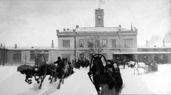 Развозка пассажиров на вокзале в Царском Селе.