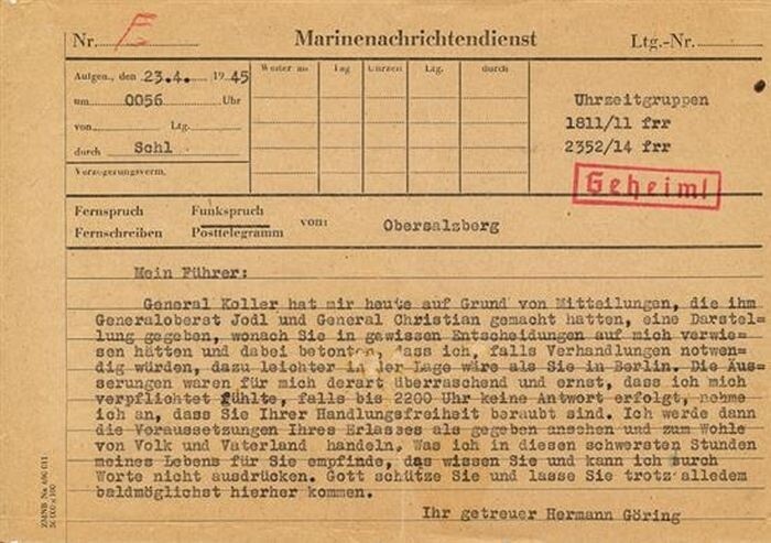Телеграмма, которая убила Гитлера Именно после прочтения этой телеграммы Адольф Гитлер принял окончательное решение о самоубийстве и привёл его в действие. Недавно оригинал этой телеграммы был продан с аукциона за $55,000.