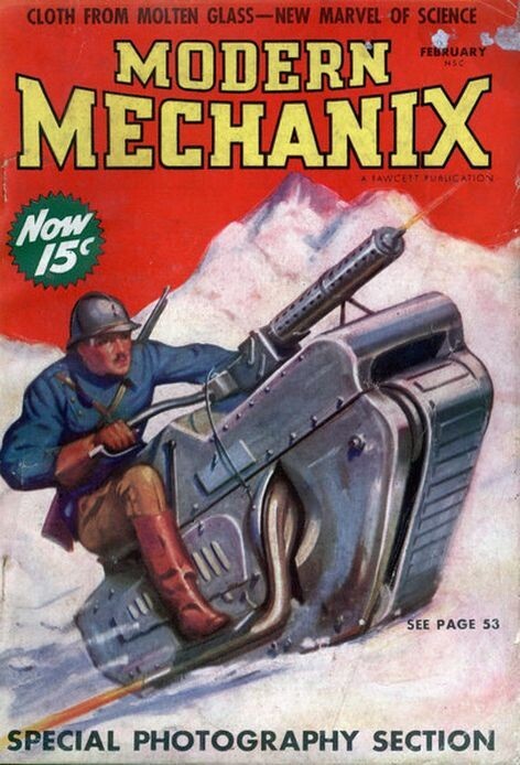 Казалось бы, легкая броня и высокая проходимость должны были сделать эту модель идеальным военным мотоциклом, что и изобразил художник журнала Modern Mechanix.