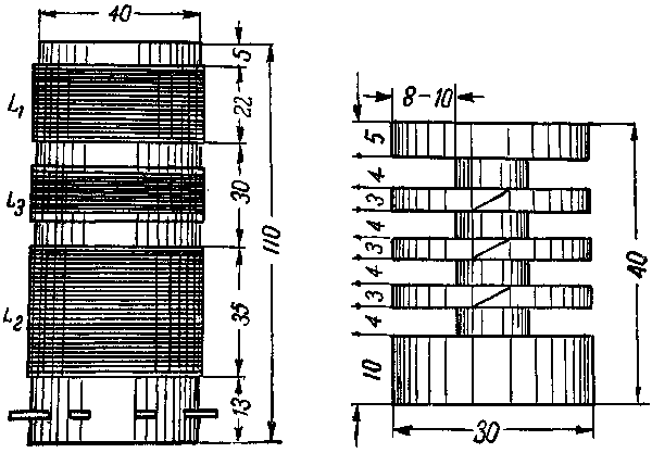 Рис. 2 и 3. Устройство катушек однолампового приёмника (слева). Каркас для дросселя высокой частоты.