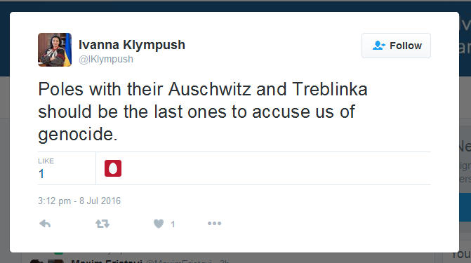 В польском фейсбуке с 8 июля распространяется твит министра:   «Не полякам с их Аушвицем и Треблинкой обвинять нас в геноциде».