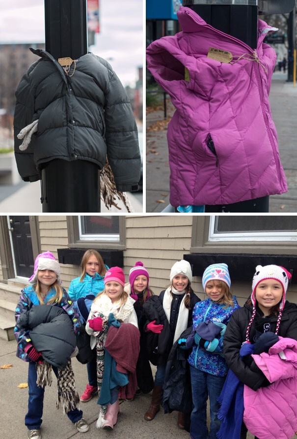 12. В Канаде дети привязали теплые куртки к столбам, чтобы помочь бездомным подготовиться к зиме