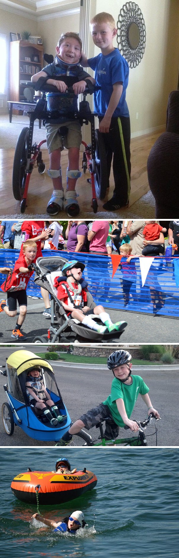 1. 8-летний Ноа проходит триатлон вместе с Лукасом, его братом с инвалидностью