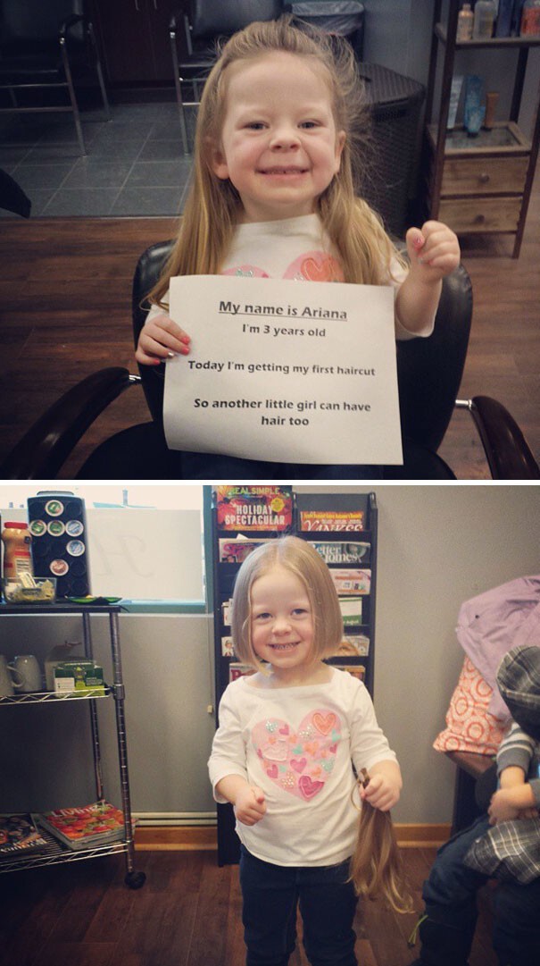 8. 3-летняя малышка увидела девочку, потерявшую волосы в результате химиотерапии, и решила поделиться с ней своими
