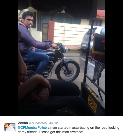 12 июля несколько девушек из Мумбаи решили, что настало время бороться. Они сфотографировали мужчину, который начал мастурбировать за рулем мотоцикла, глядя в их сторону. Одна из девушек выложила фотографию в Твиттере, адресовав ее полиции Мумбаи.