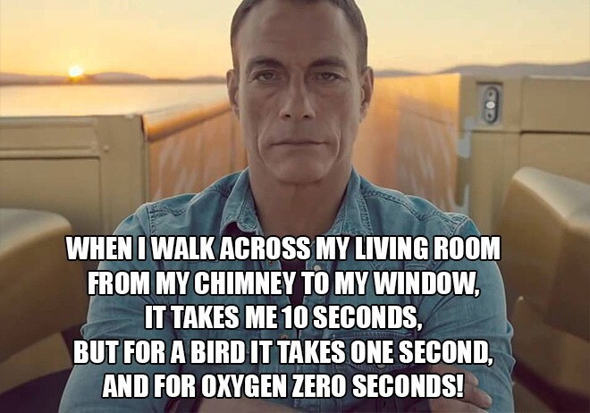 Когда я прохожу по своей гостиной от камина до окна, это занимает 10 секунд, но для птицы это 1 секунда, а для кислорода 0 секунд!