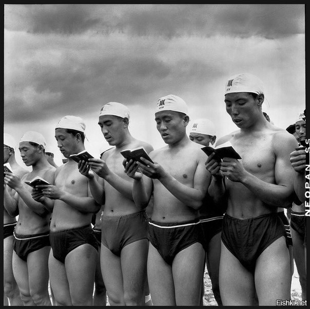 Пловцы читают цитатник Мао перед заплывом в честь 2–й годовщины купания Мао в...