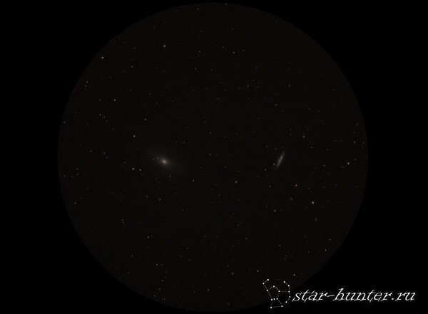 Галактики М81 и М82 в созвездии Большой Медведицы — примерный вид через бинокль 20х60 и телескопы диаметром от 80-90 мм.