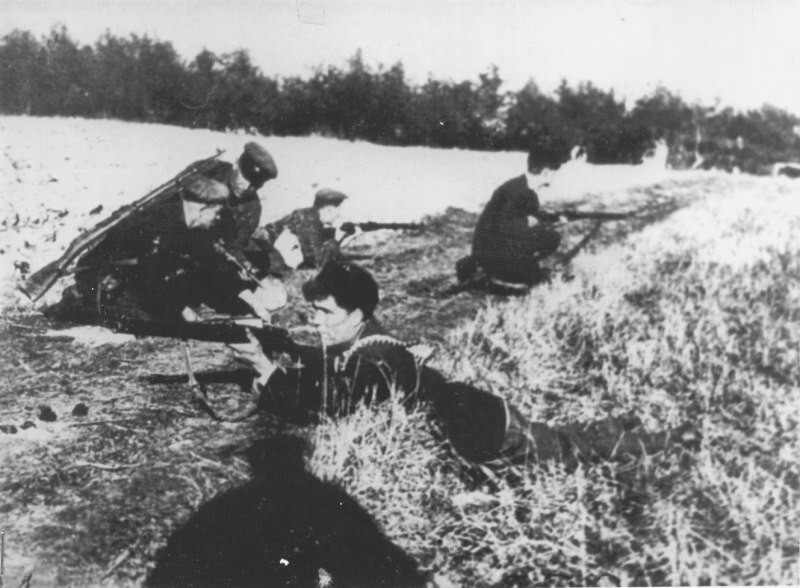 73. Группа партизан отряда имени Чкалова минирует шоссейную дорогу Губичи - Жлобин.